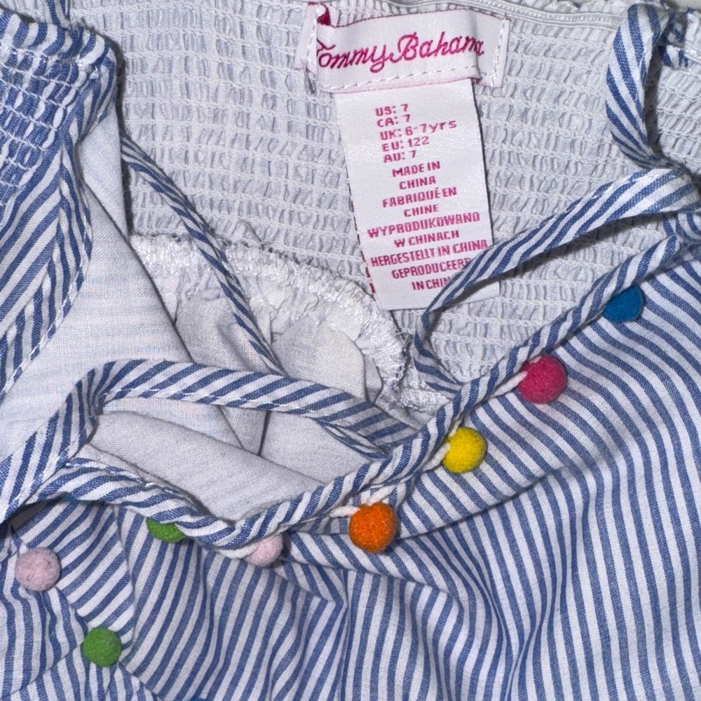 Tommy Bahama Blue Striped Kids Dress with Colorful Pom Poms Size 7 - Picture 3 of 3